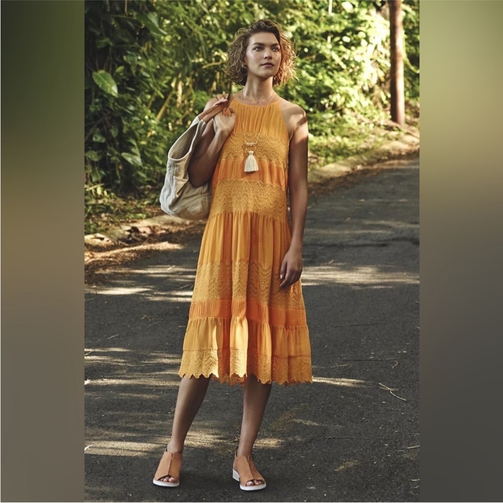 Anthropologie HD Paris Yellow Lace Tiered Dress Size S